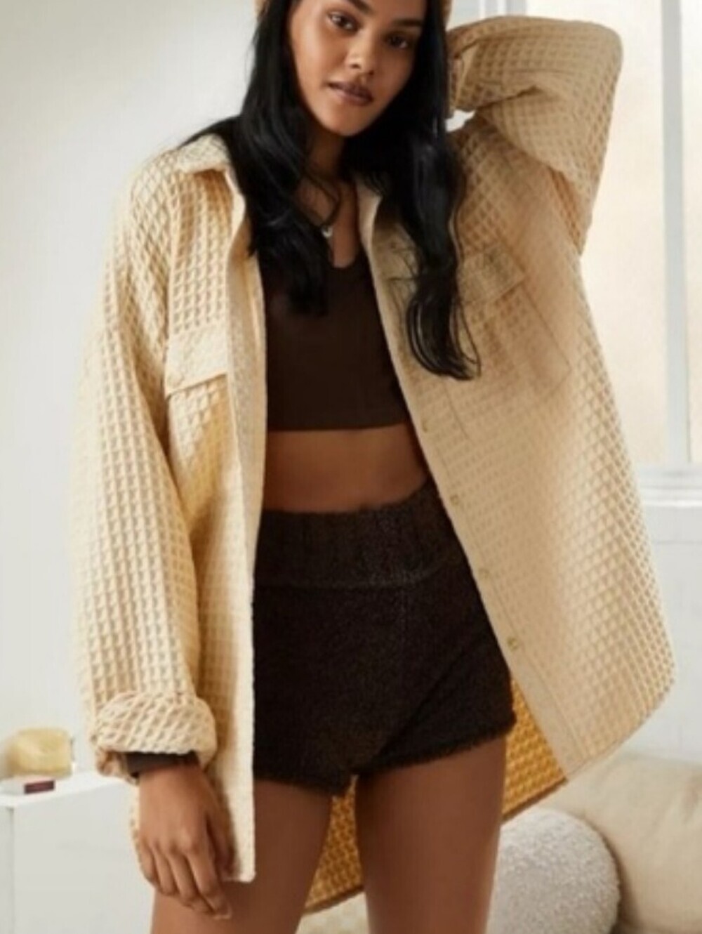 Urban Outfitters BDG Stanley Waffle Button-Down Shirt Shacket in Cream Oversize